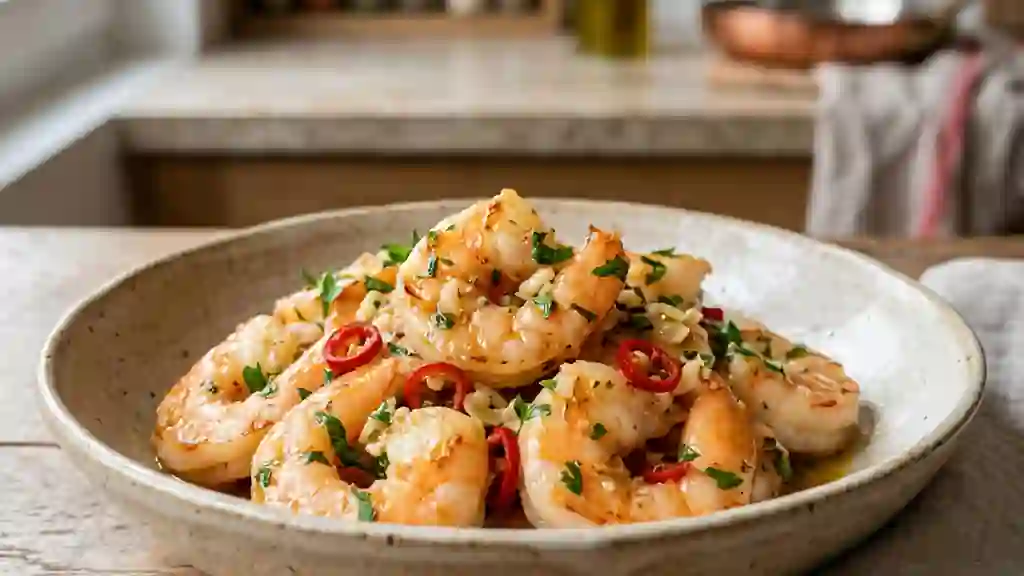 Crevettes snackées à l'ail et piment oiseau - Photo de présentation