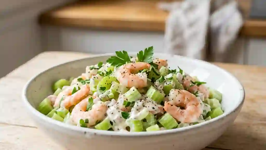 Crevettes et céleri croquant, sauce échalote - Photo de présentation