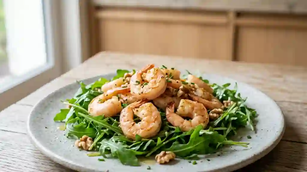 Crevettes snackées, roquette et parfum de noix - Photo de présentation