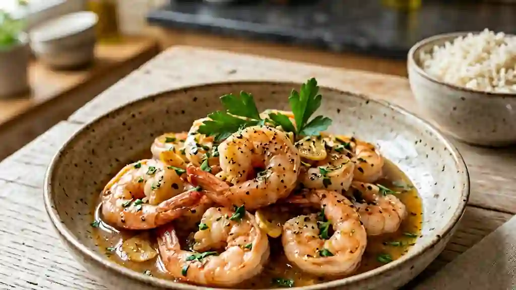 Crevettes sautées à la bière et ail fondant - Photo de présentation