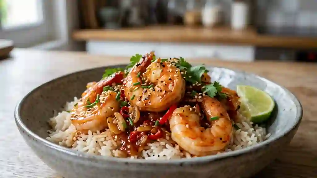 Crevettes laquées au piment et miel - Photo de présentation