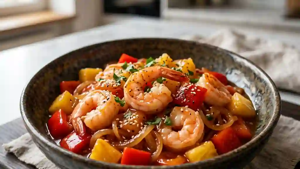 Crevettes caramélisées à l'ananas et poivron - Photo de présentation