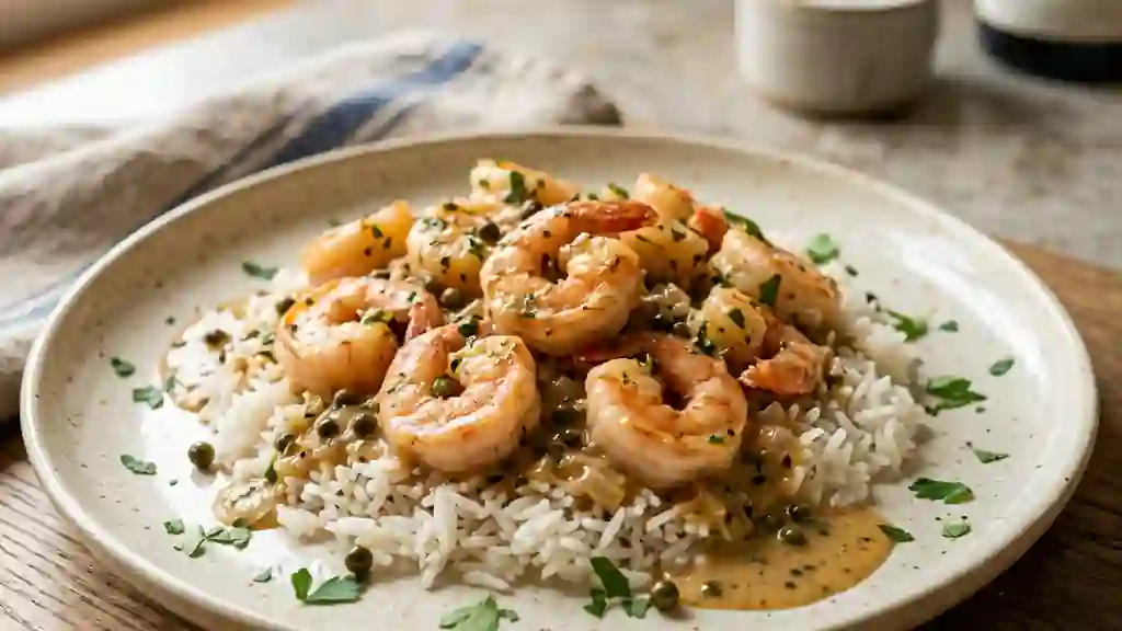 Crevettes flambées au cognac et poivre vert - Photo de présentation