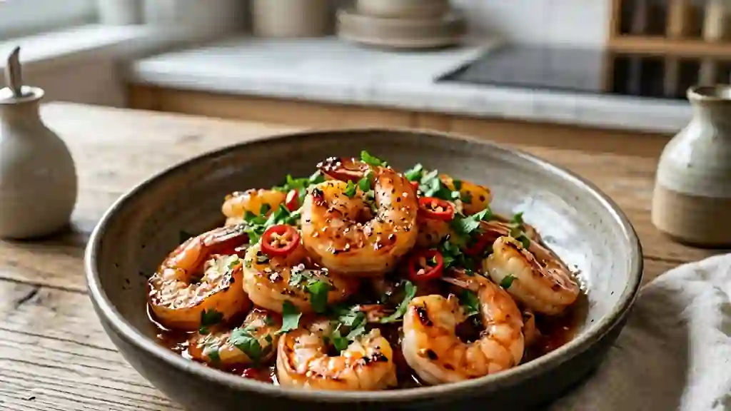 Crevettes sautées au piment et miel - Photo de présentation