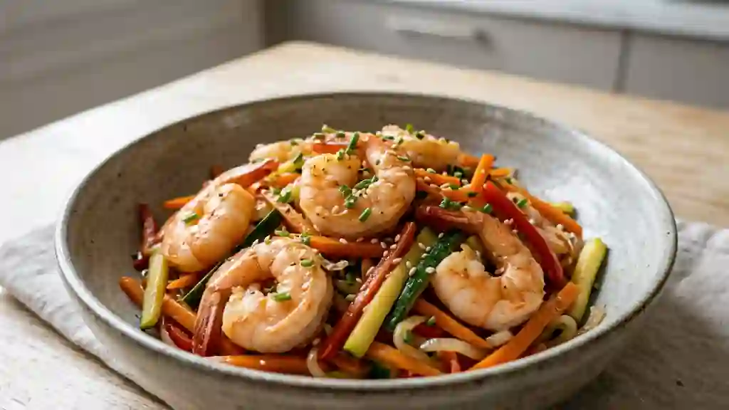 Wok de crevettes au soja et légumes croquants - Photo de présentation