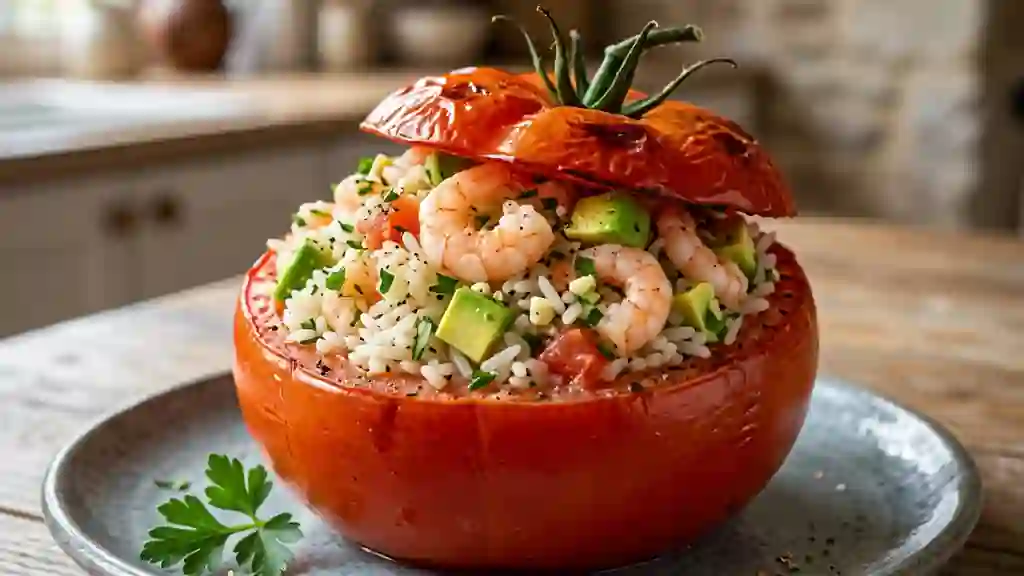 Tomates farcies au riz, crevettes et avocat - Photo de présentation
