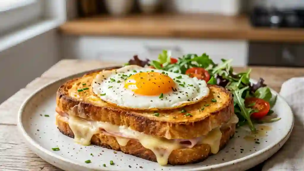 Croque-madame doré et son jaune d'œuf coulant - Photo de présentation