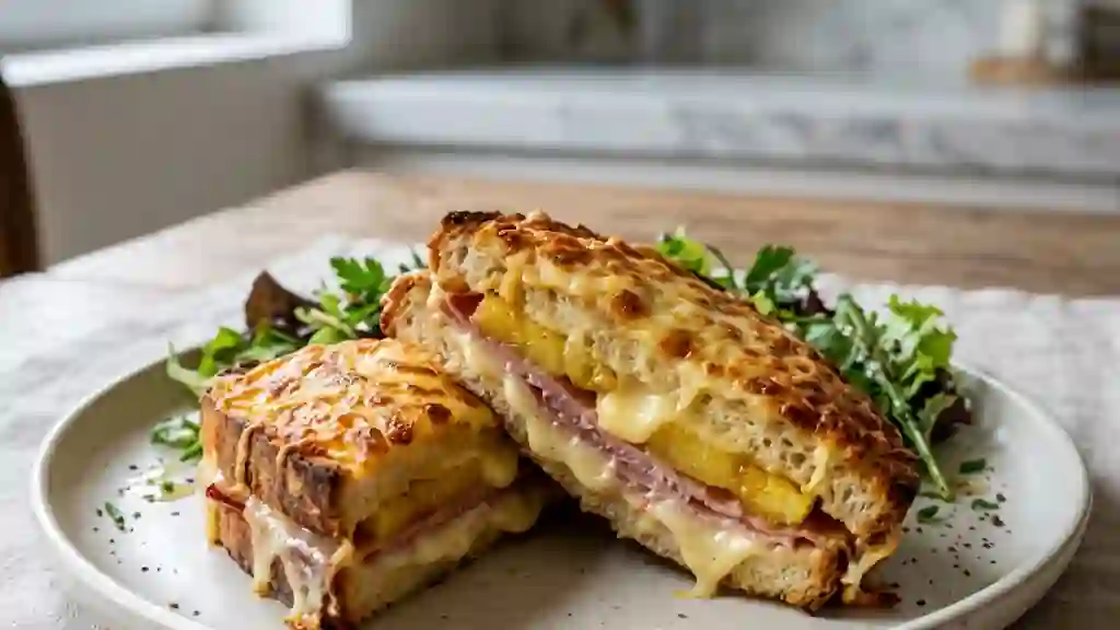 Croque-monsieur croustillant Bayonne et ananas - Photo de présentation