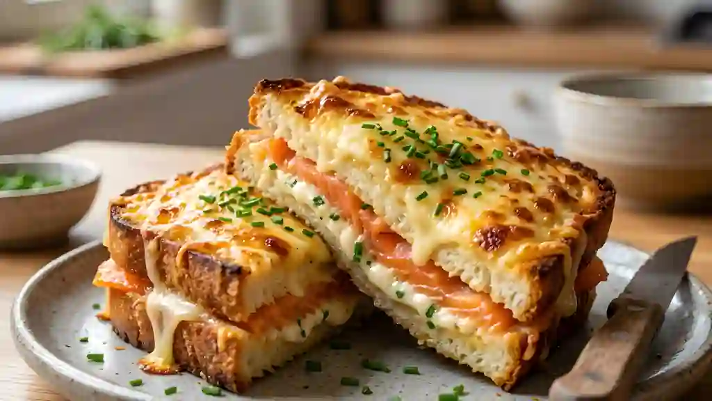 Croque-saumon doré au fromage frais et ciboulette - Photo de présentation