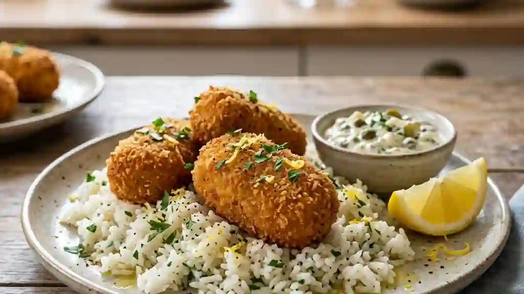 Croquettes de poisson dorées au riz - Photo de présentation