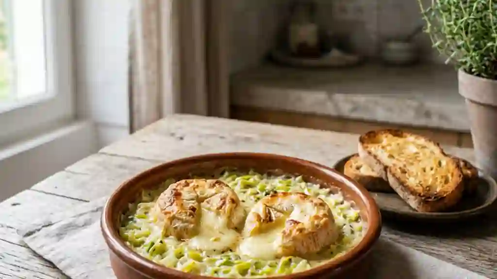 Crottins de Chavignol fondants et crème de poireaux - Photo de présentation