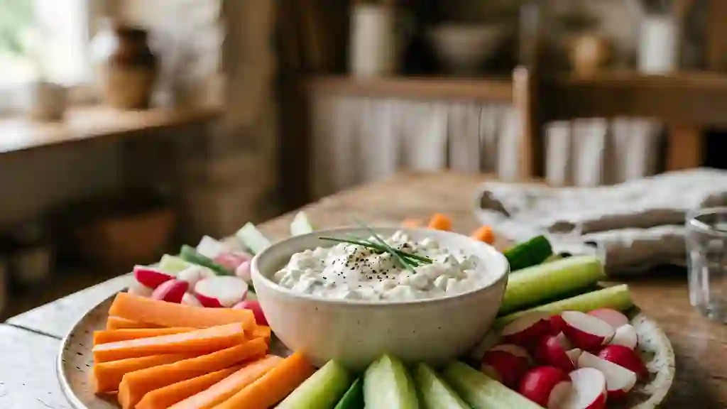 Crudités fraîches et fondue crémeuse au roquefort - Photo de présentation
