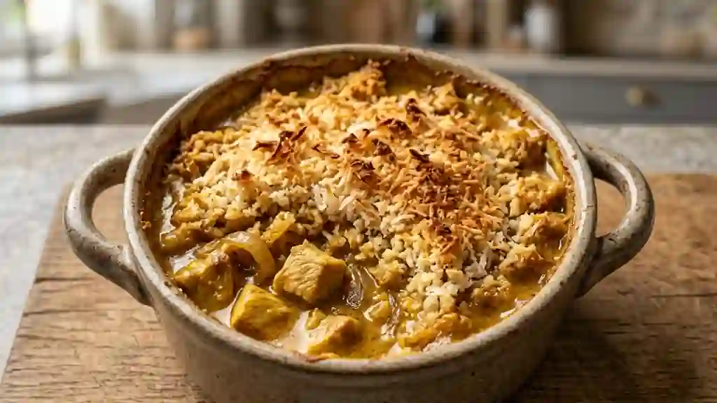 Crumble de coco croustillant sur curry de dinde - Photo de présentation