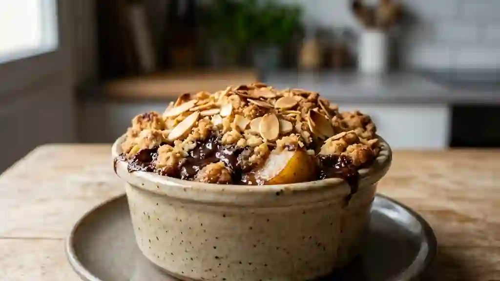 Crumble fondant poire amande et chocolat noir - Photo de présentation