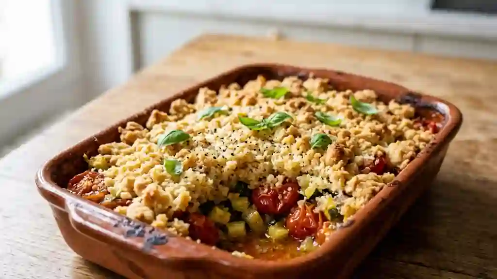 Crumble fondant tomates, courgettes et parmesan - Photo de présentation