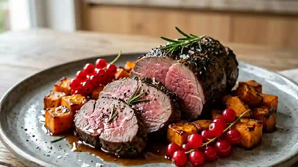Cuisse de chevreuil rôtie et groseilles acidulées - Photo de présentation