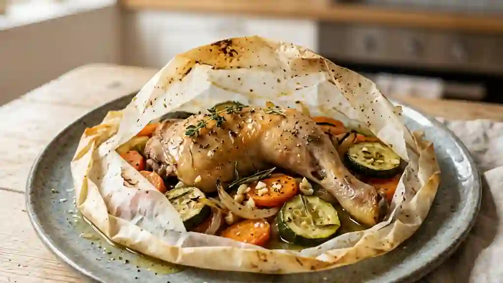 Lapin en papillote fondant aux petits légumes - Photo de présentation