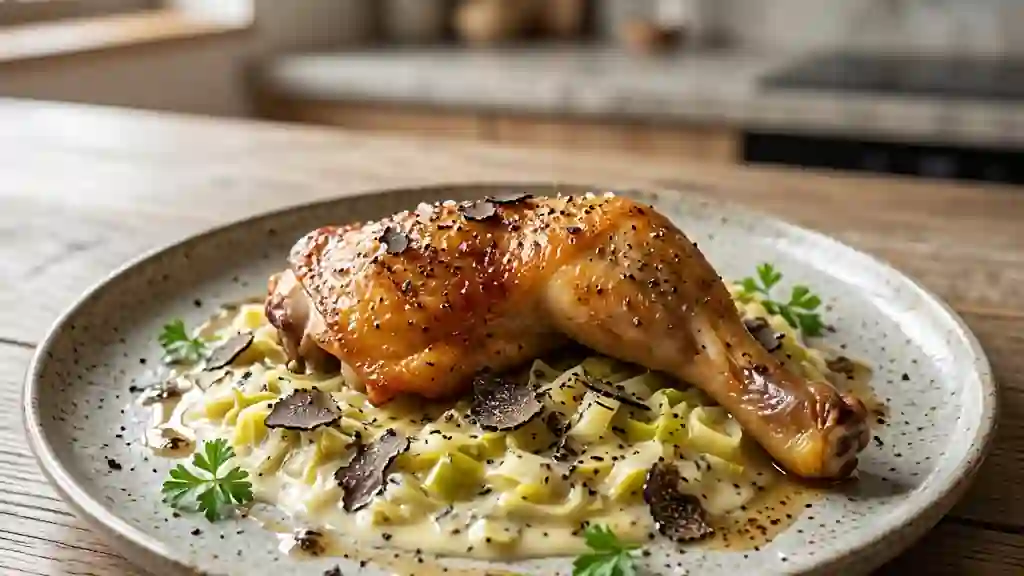 Poulet aux truffes et fondue de poireaux soyeuse - Photo de présentation