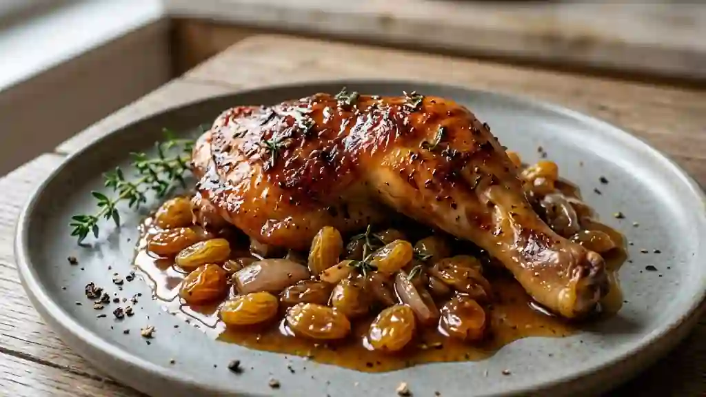 Poulet fondant caramélisé au miel et raisins - Photo de présentation