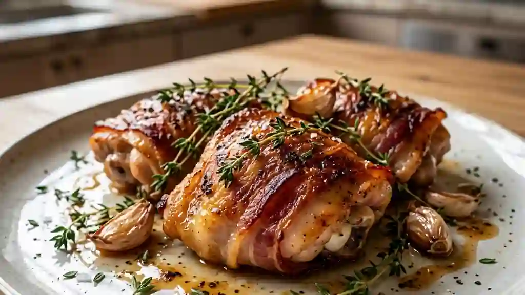 Poulet rôti au lard et thym, peau craquante - Photo de présentation