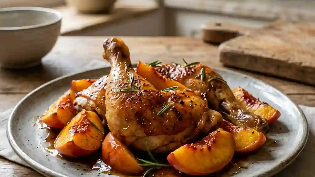 Poulet rôti au miel et pêches caramélisées - Photo de présentation