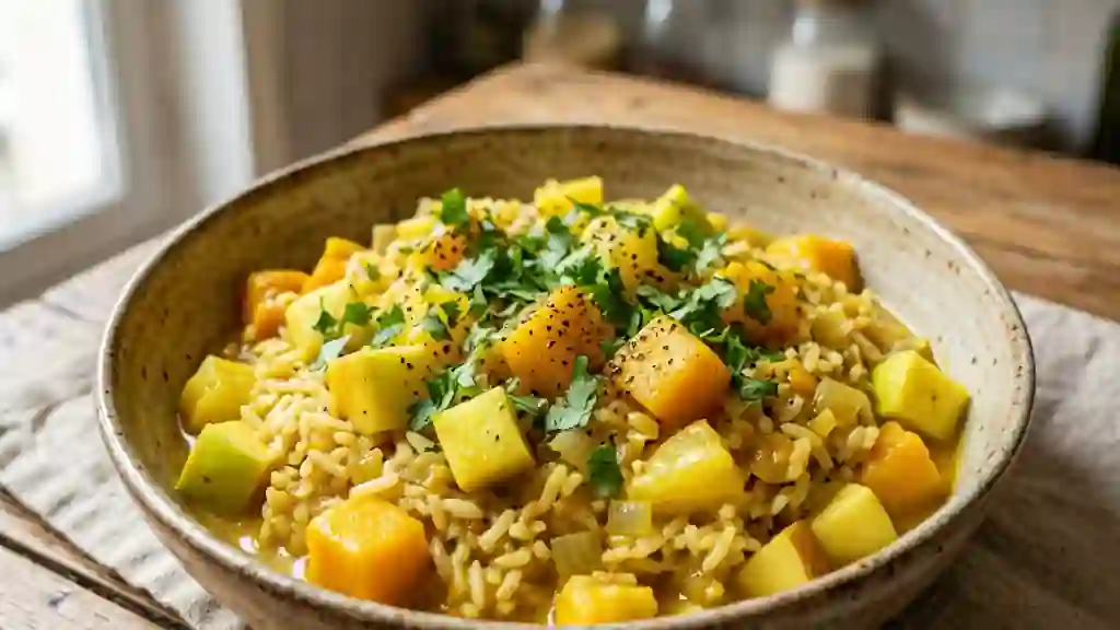 Riz crémeux au curry et fruits exotiques - Photo de présentation