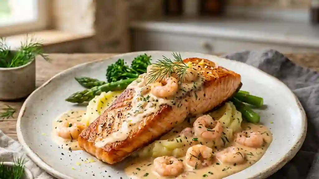 Saumon poêlé et sa crème onctueuse aux crevettes - Photo de présentation