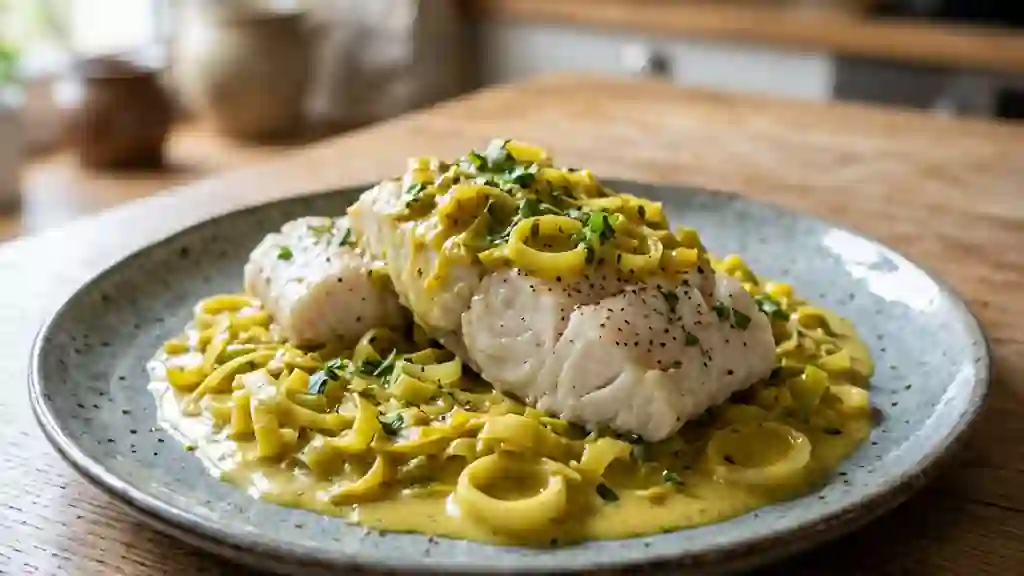 Cabillaud fondant aux poireaux et curry - Photo de présentation