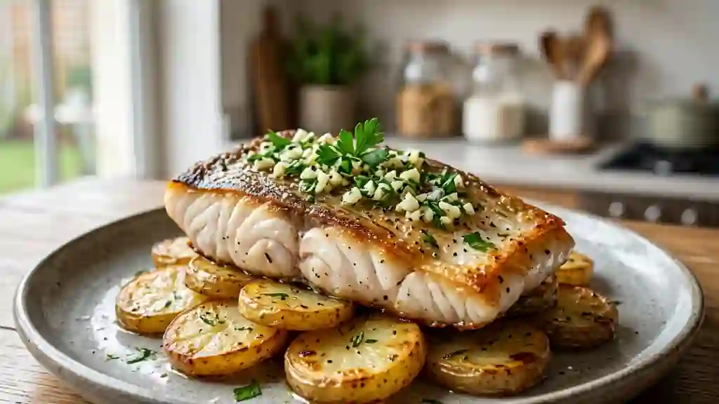 Colin nacré et pommes de terre rôties à l'ail - Photo de présentation