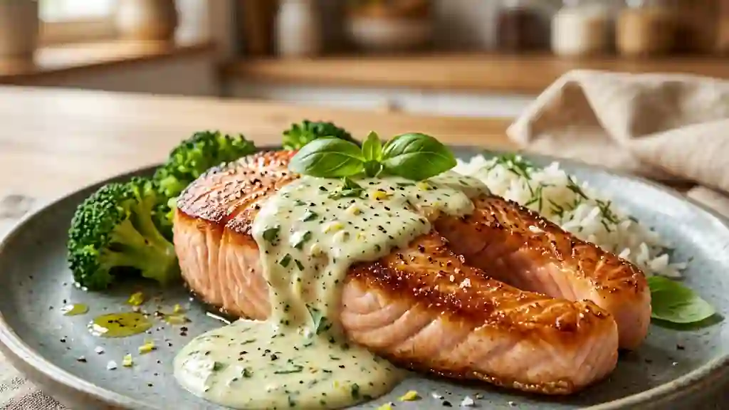 Saumon fondant, crème citronnée au basilic frais - Photo de présentation
