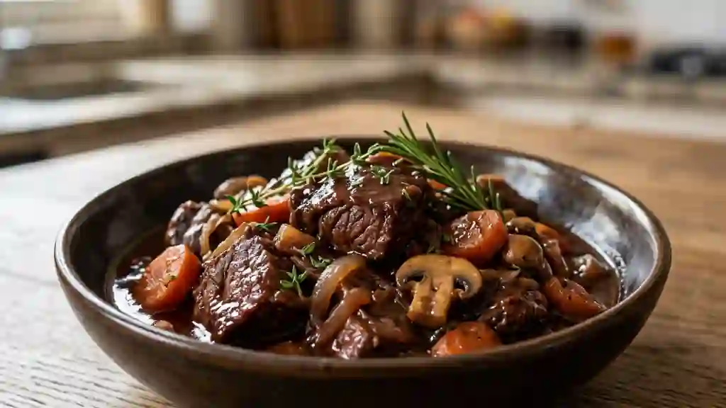 Sanglier mijoté au vin rouge et champignons - Photo de présentation