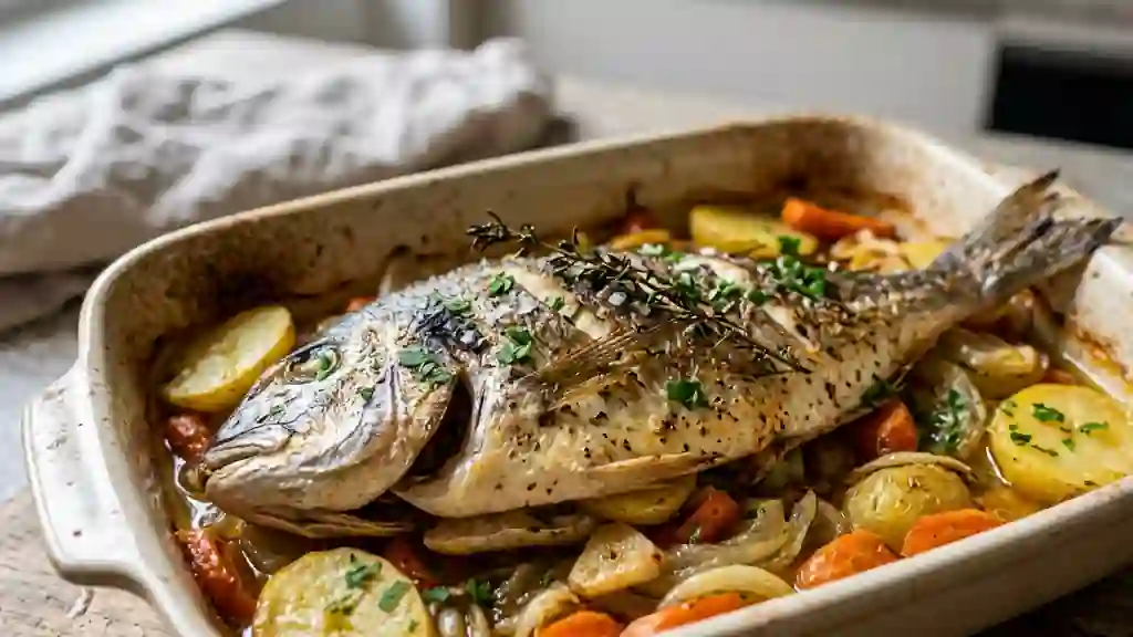 Daurade rôtie sur lit de légumes fondants - Photo de présentation
