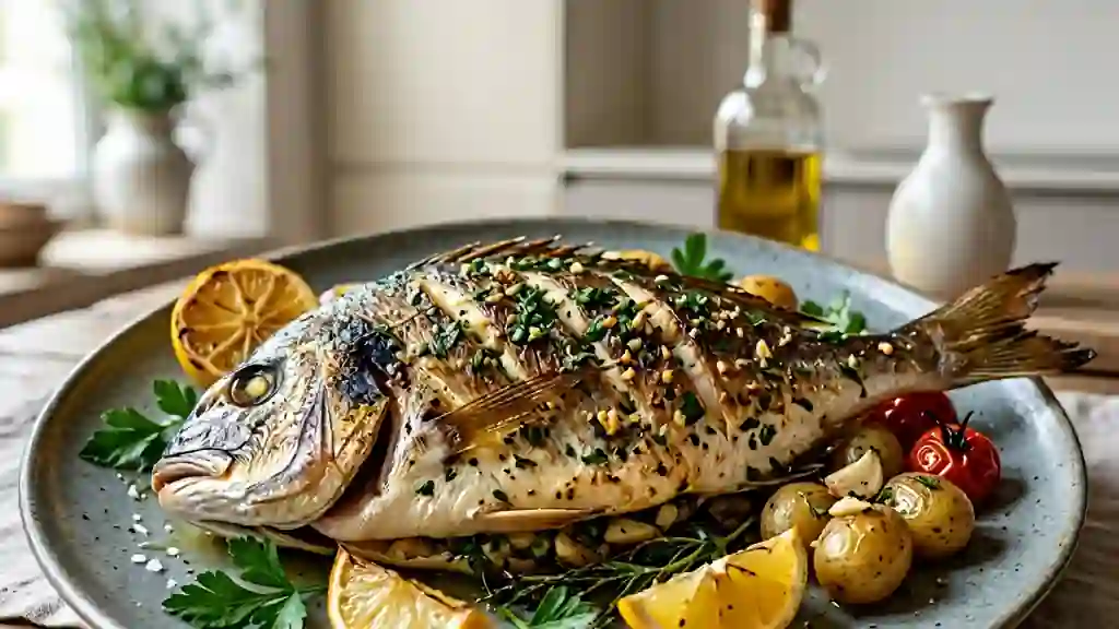 Daurade au four, peau croustillante ail-persil - Photo de présentation