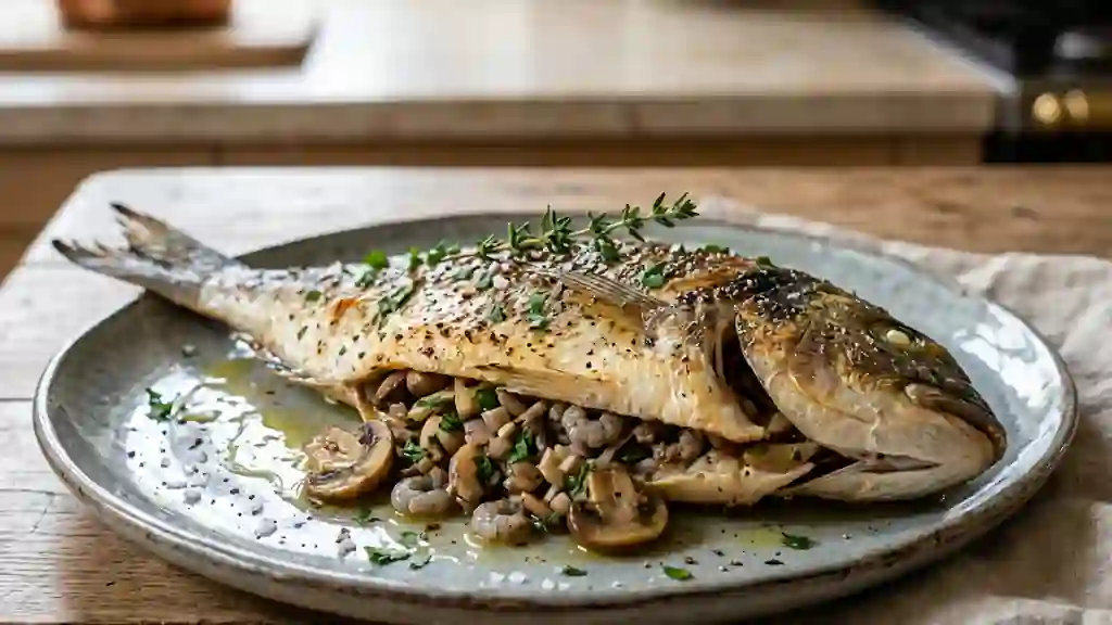 Daurade rôtie aux crevettes et champignons - Photo de présentation