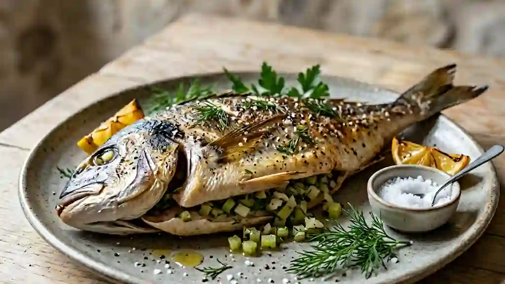 Daurade rôtie, farce croquante céleri et herbes - Photo de présentation