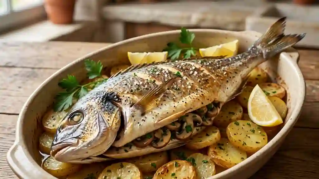 Daurade farcie forestière et pommes fondantes - Photo de présentation