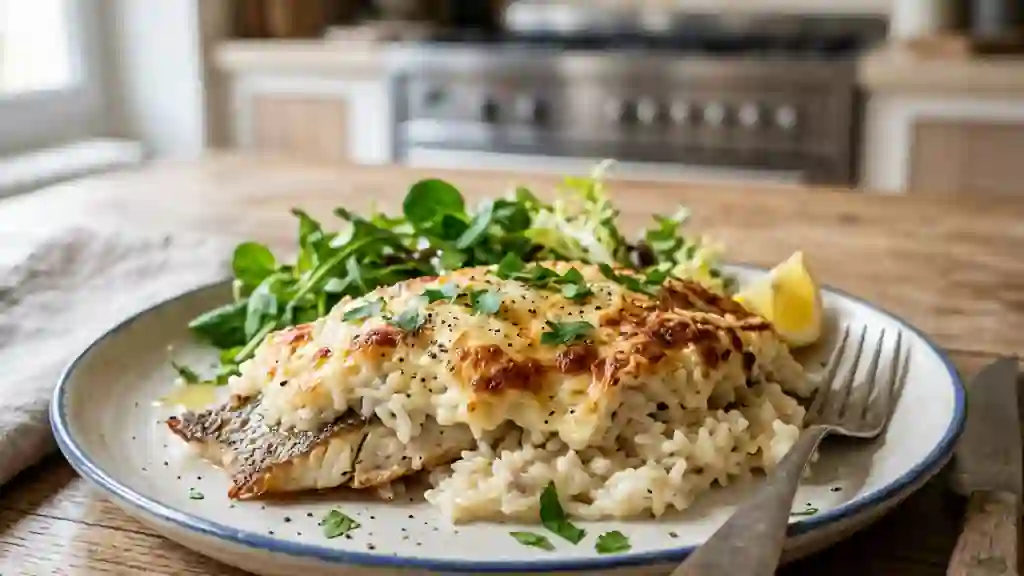 Daurade fondante sous son riz gratiné - Photo de présentation