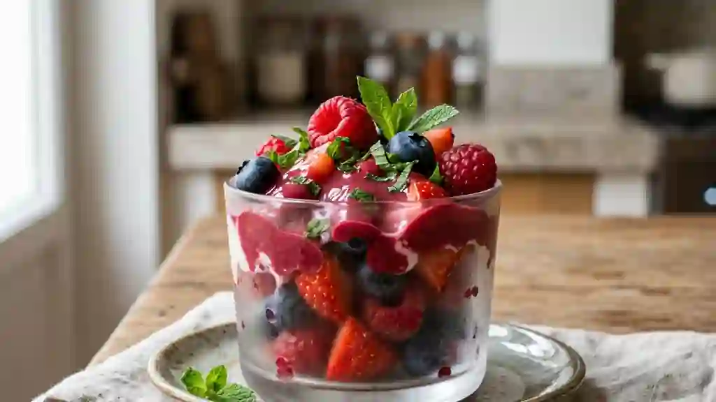 Baies fraîches et coulis tiède à la crème - Photo de présentation