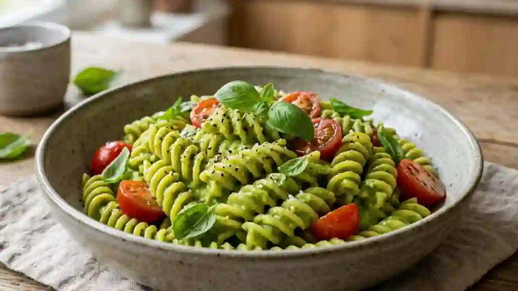 Fusilli à la crème d'avocat fondante et basilic - Photo de présentation