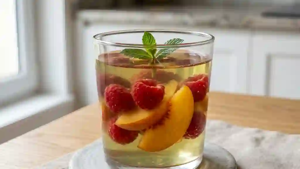 Duo de pêches et framboises en gelée mentholée - Photo de présentation