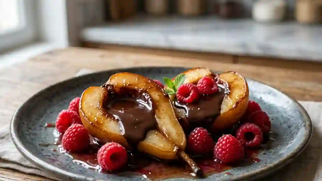 Poires Aurélie fondantes au chocolat et framboises - Photo de présentation