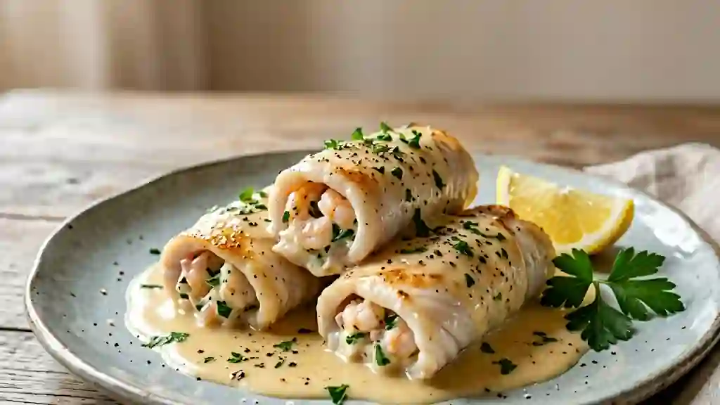 Soles roulées et farce crémeuse aux crevettes - Photo de présentation
