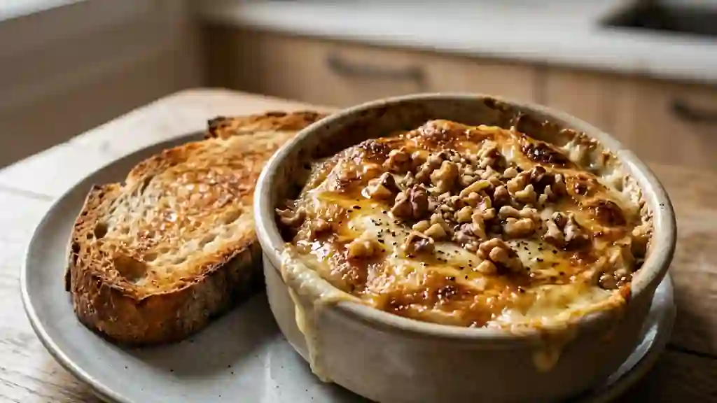 Chèvre rôti coulant, miel et noix croquantes - Photo de présentation