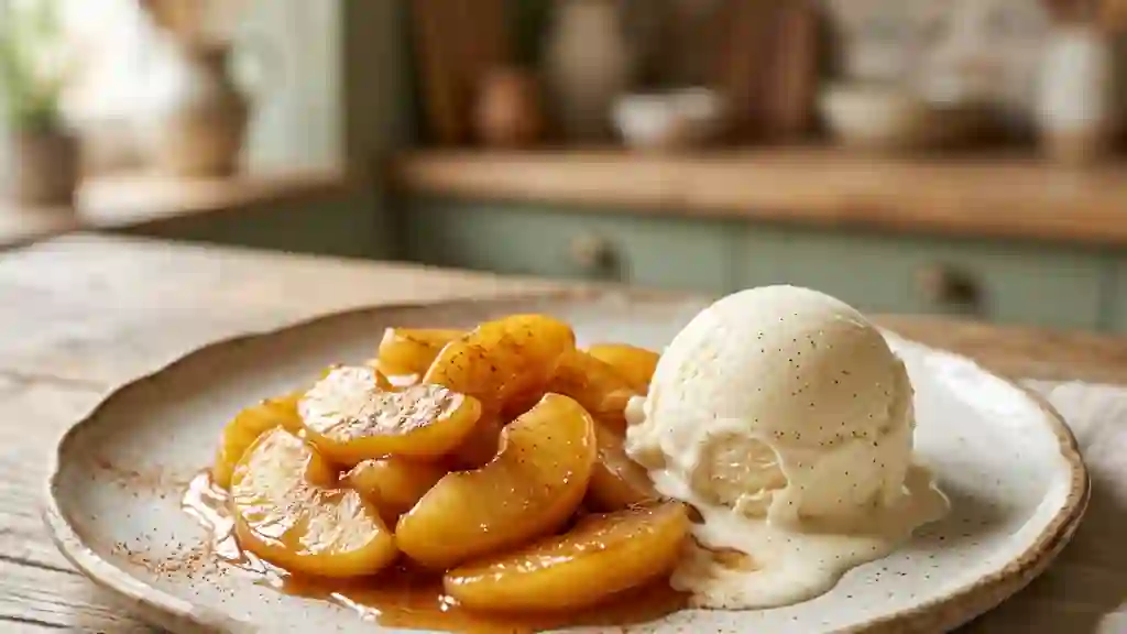 Pommes fondantes caramélisées et glace vanille - Photo de présentation