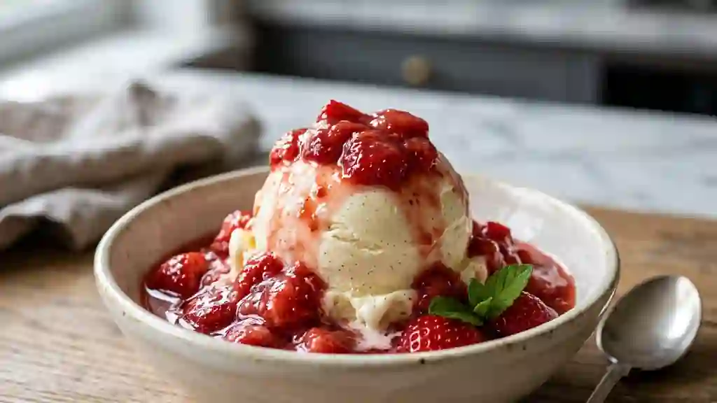 Fraises écrasées et glace vanille onctueuse - Photo de présentation