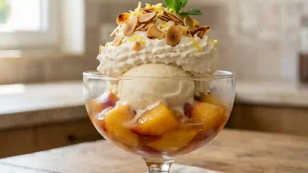 Coupe glacée aux pêches et amandes grillées - Photo de présentation