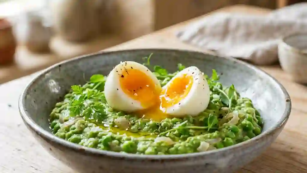 Écrasé de petits pois crémeux et œufs mollets - Photo de présentation