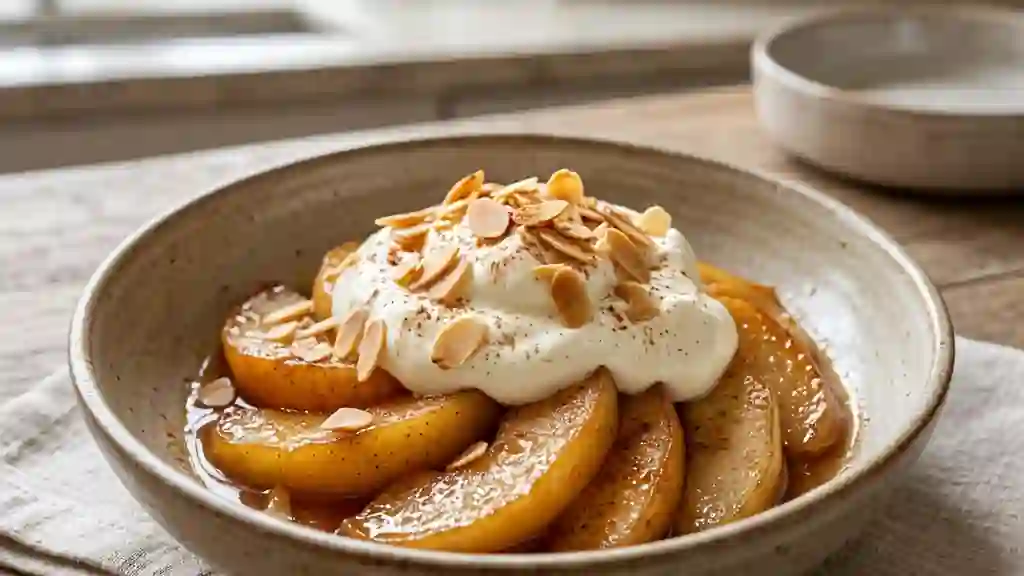 Pommes et poires rôties au miel et amandes - Photo de présentation