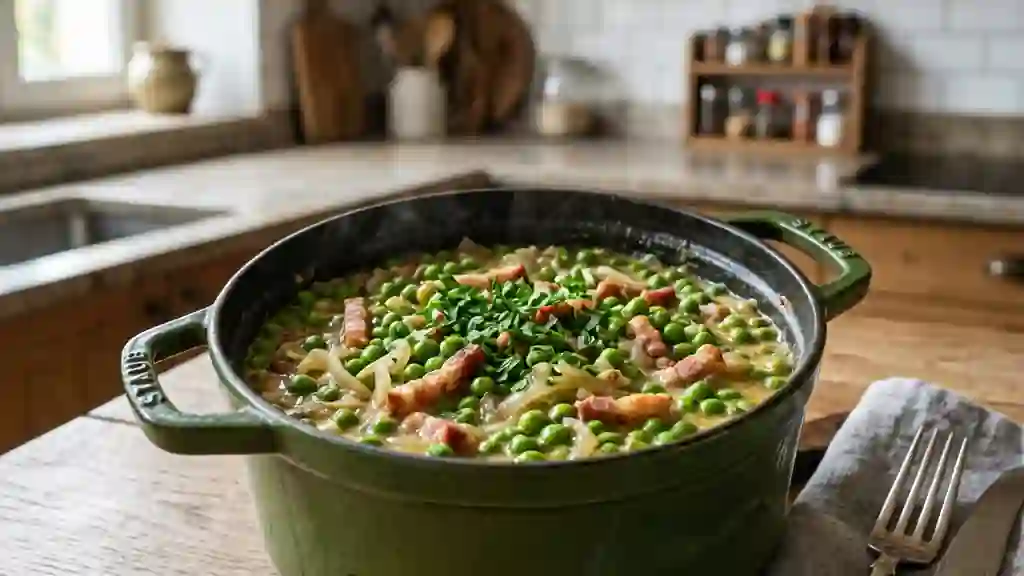 Cocotte de petits pois fondants aux lardons - Photo de présentation