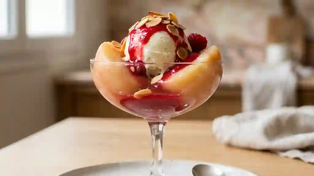 Pêche Melba Glacée et Amandes Grillées - Photo de présentation
